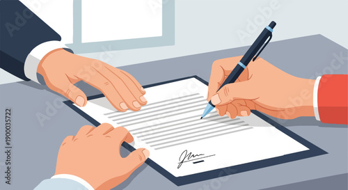 Close-up of hands signing a document on a desk with a pen