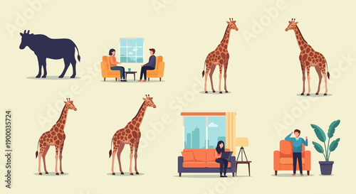 Diverse scenes of giraffes, people, and a silhouette of an animal
