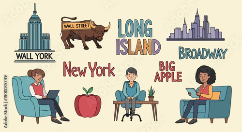 Diverse New York icons cityscapes, landmarks, people, and food