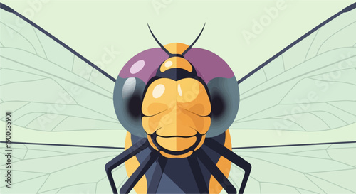 Close-up, stylized illustration of a dragonfly's head and wings