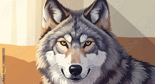 Close-up portrait of a wolf with piercing yellow eyes and detailed fur texture