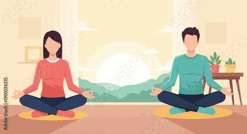 Couple meditating in a room with a sunrise view
