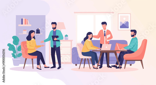 Colleagues collaborate and discuss tasks in a modern, well-lit office space