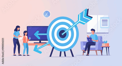 Colleagues collaborate around a central target, illustrating team goals and communication