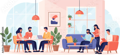 Colleagues collaborate in a bright, modern office space with plants and natural light