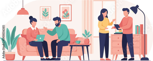 Colleagues collaborate in a modern living room setting