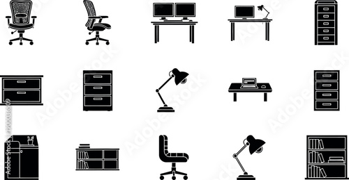 Modern office furniture and decor icons for business spaces