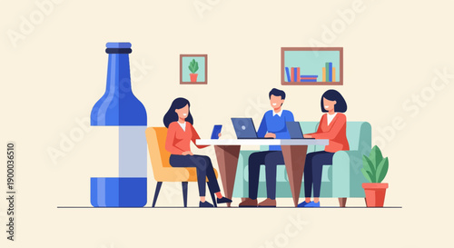 Colleagues collaborating around a table with a large bottle nearby