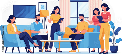 Colleagues collaborating in a modern, casual office meeting room