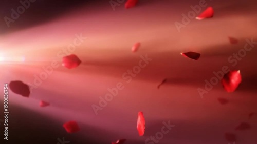 Slow motion red rose petals gently falling through soft light. Romantic, elegant and dreamy atmosphere, perfect for love stories, weddings, Valentine’s Day visuals and emotional brand storytelling.