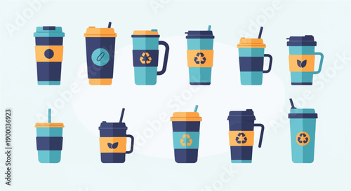 Collection of colorful, reusable coffee cups with eco-friendly symbols