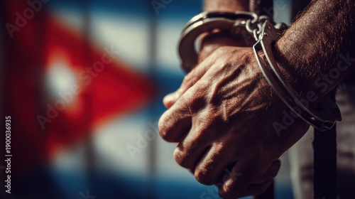 Hands in handcuffs with the Cuban flag in the background during an arrest scene in Cuba