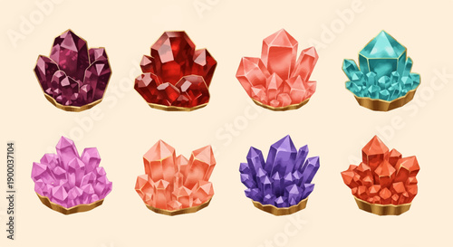 Collection of eight vibrantly colored crystal clusters on a light background