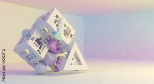 Geometric complex cube sculpture with sphere and triangle shapes in light room