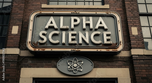 Exterior of a brick building with a retro neon sign and atomic symbol