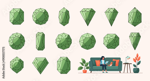 Collection of faceted green gems displayed with a cozy interior scene