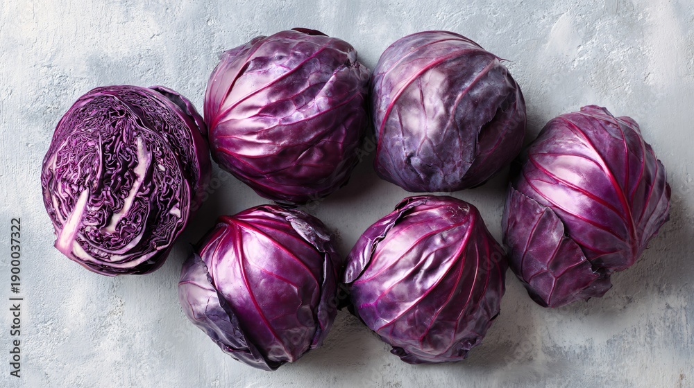 Fototapeta premium Red cabbage arranged for overhead symmetrical layout, pale concrete surface, graphic food design
