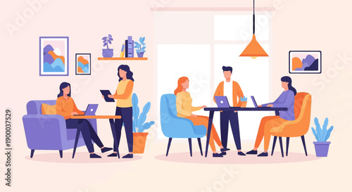 Diverse group collaborating on laptops in a modern, brightly lit shared workspace