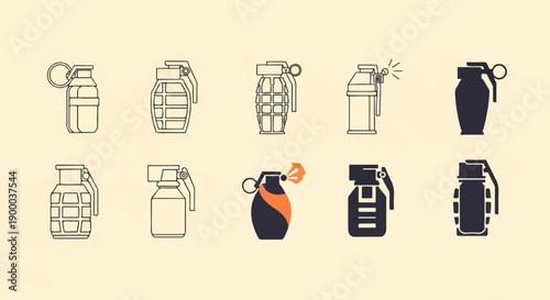 Collection of various hand grenade icons, some with detailed outlines, others solid