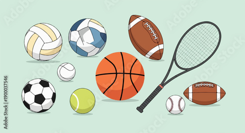 Collection of various balls and a tennis racket arranged against a light green backdrop