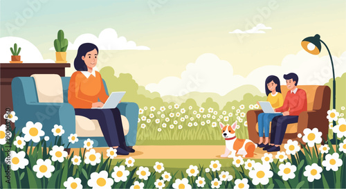 Family and dog relax in nature, working remotely on laptops