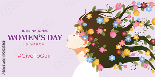 International Women's Day Banner Featuring a Female Profile with Floral Hair