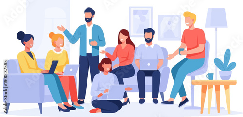 Diverse group collaborating on laptops in a modern, bright indoor setting