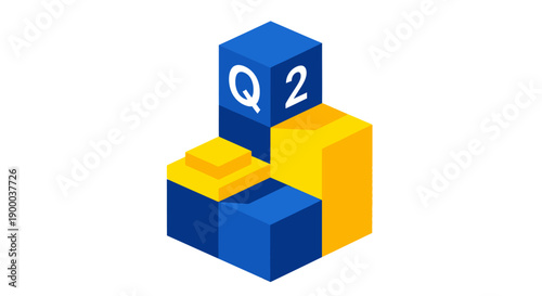 Isometric Q2 Business Quarter Report Visualization. Blue and Yellow 3D Cube Blocks Representing Quarterly Financial Performance and Planning.