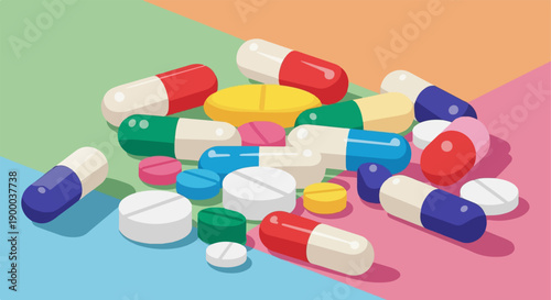 Colorful collection of medicine pills and capsules scattered on pastel background