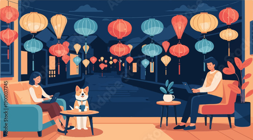 Cozy evening with lanterns and a dog in a pixel art style