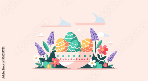 Colorful decorative eggs in a bowl surrounded by flowers and lavender