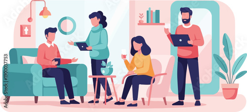 Diverse group collaborating indoors with technology and beverages