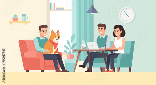 Family and pet relaxing at home, one person works on laptop