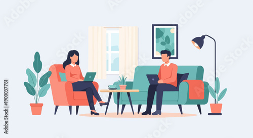 Couple relaxing in living room working on laptops, home environment