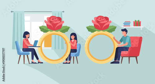 Couple indoors with engagement rings and roses