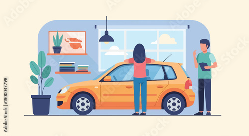 Couple inspecting an orange car inside a room with plants and art