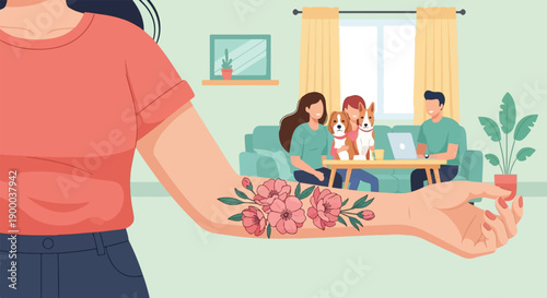 Family and pets relax at home with a floral tattoo visible on an arm