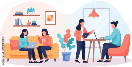 Diverse team collaborates indoors, working on laptops and phones