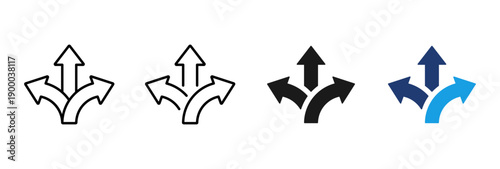 Direction arrow icon with multiple paths. Choice and decision making symbol. Strategy, planning and alternative route concept. Navigation, growth and progress pictogram for business scenarios.