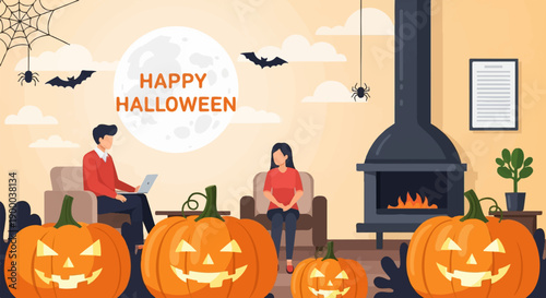 Cozy Halloween scene with pumpkins, a couple, and a fireplace