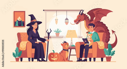 Cozy Halloween scene with witch, man, dragon, and pets at home