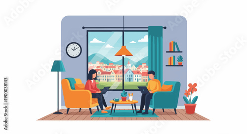 Cozy room with two people working on laptops overlooking a town