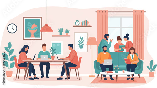 Diverse group collaborating in a modern, cozy workspace with plants and art