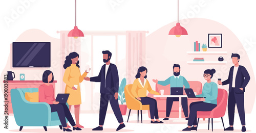 Diverse group collaborating in a modern, casual workspace