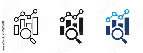 Analytics and data analysis icon with bar chart, line graph and magnifying glass. Symbol of business analytics, statistics, reporting, performance tracking, metrics monitoring and data visualization.