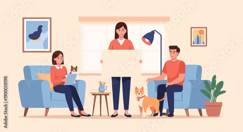 Family and pets relaxing indoors, holding blank sign for customization