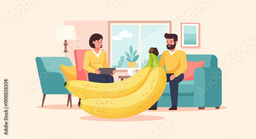 Couple in yellow tops in cozy living room with large bananas