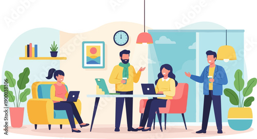 Diverse group collaborating in a modern, bright office space with laptops