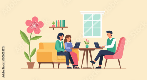 Diverse team collaborates on laptops in a cozy, plant-filled room