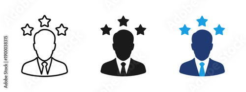 User rating icon with person avatar and stars. Symbol of customer review, feedback, reputation, service quality, user profile evaluation and satisfaction level in business and digital platforms.